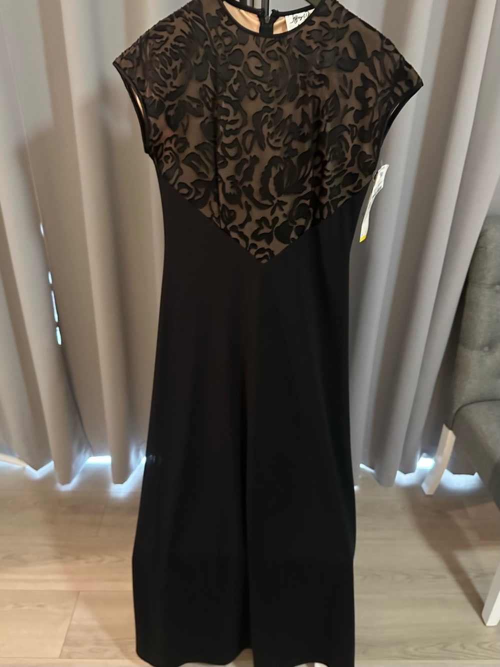 Black Midi Dress with Floral Burnout Yoke